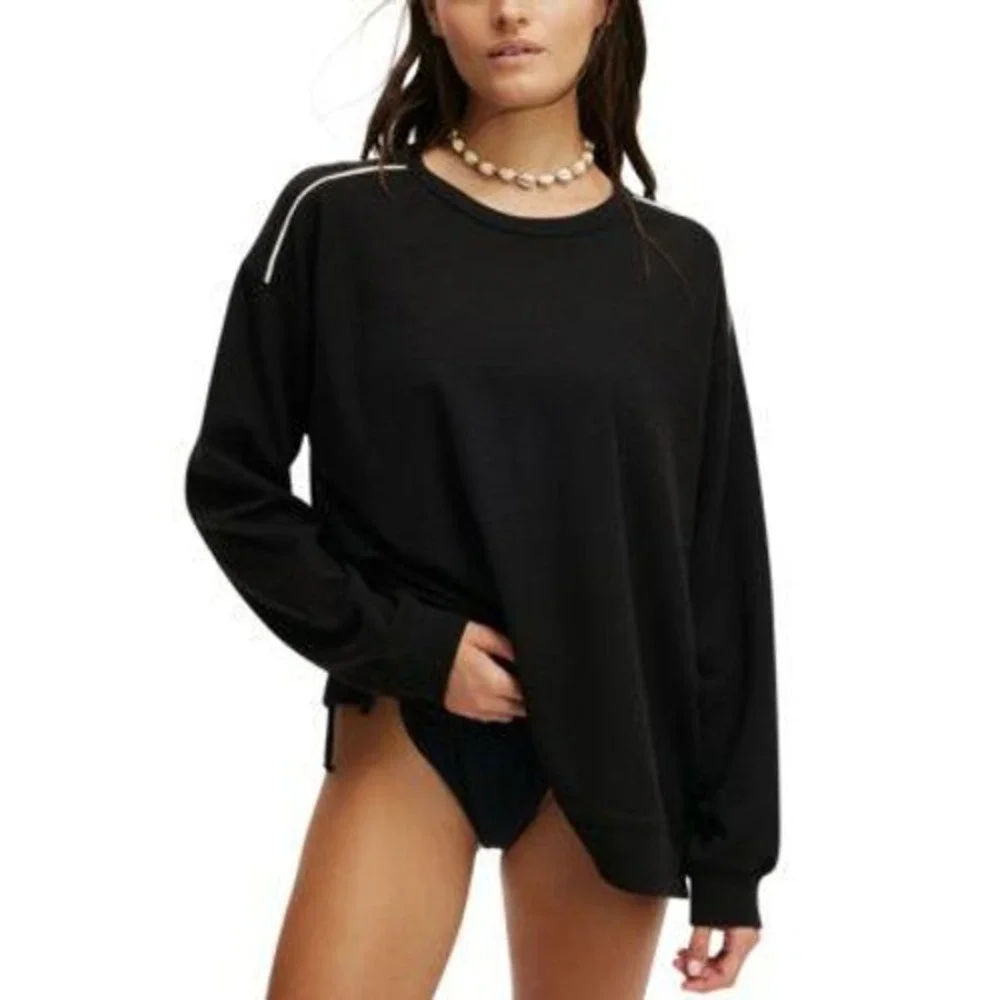 Cotton On Body Ribbed Long Sleeve Beach Top Women Medium Black Piping Resort NWT